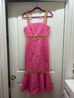 STAUD Pink Strappy Cotton & LINEN Ruffle Hem Dress,NEON  Yellow Trim - size 2